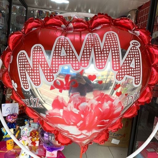 Globo 32" forma de corazón feliz día mamá con portaglobo. LM742