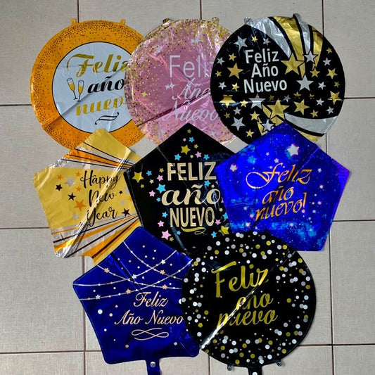 Paq. 10 globos 18" Feliz Año Nuevo con portaglobos. GA18